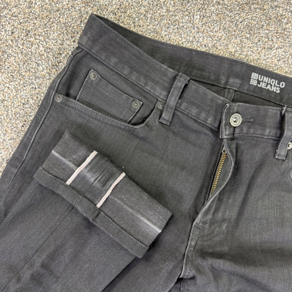 Uniqlo Selvedge Denim Jeans Mens 30x34 Slim Fit Black Stretch Pants Red Line